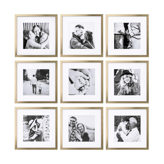 ArtbyHannah Square Gold Picture Frame, Wood Gallery Wall Frame Set Display Pictures 8x8 inch with Mat or 10x10 inch Without Mat, Wall Photo Collage Frame for Living Room Staircase Decoration (9 Pack)