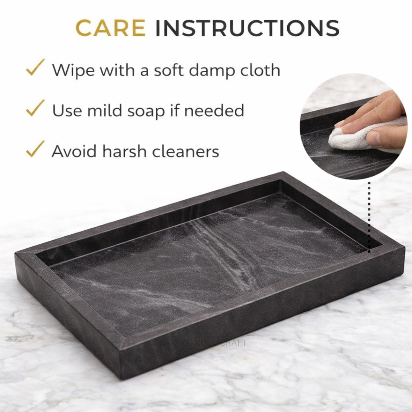 KC KULLICRAFT Natural Marble Tray, Black, 12" x 8", Rectangular