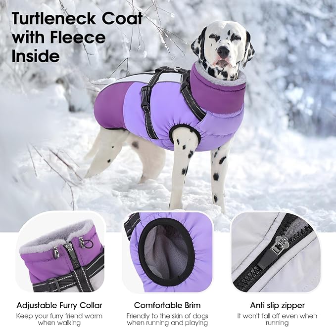 SUNFURA Small Dog Coat with Harness Built-in, Warm Dog Jacket with Zip, Reflective Winter Coat Pet Sweater Clothes for Small Dogs Schnauzer, Yorkshire Terrier, Shih Tzu, Purple S