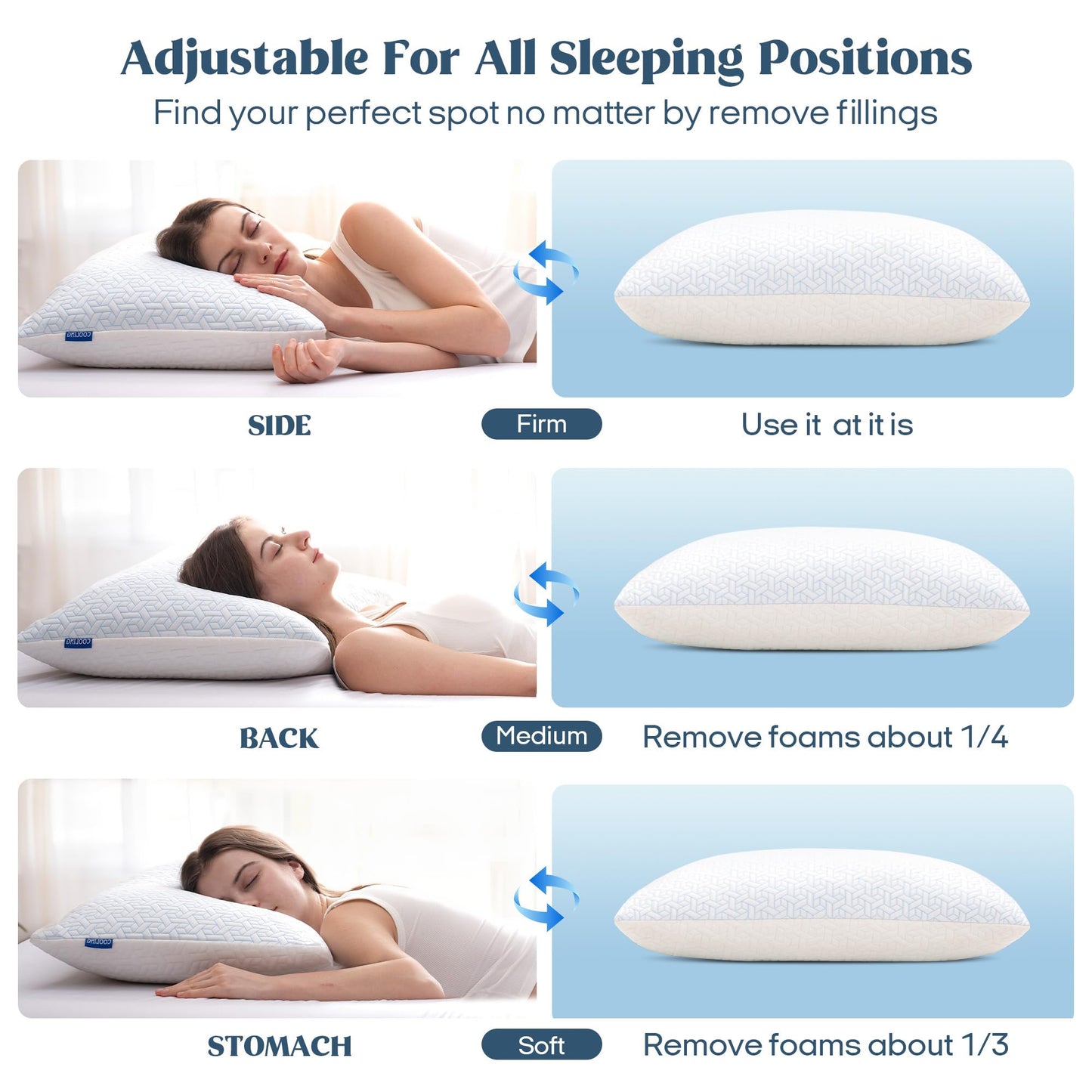 puredown® Cooling Pillows Queen Size Set of 2, Memory Foam Pillows Adjustable Firm Bed Pillows for Sleeping, Cool Pillow for Hot Sleepers with Zipper Removable Pillow Cover