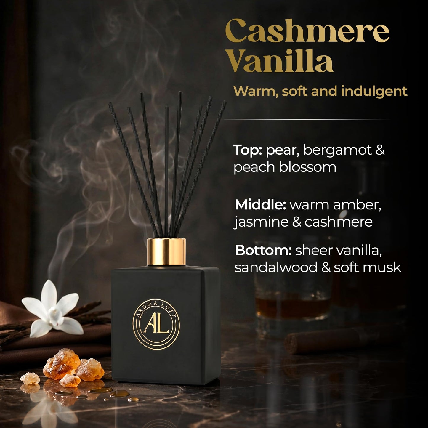 Aroma Loft Black Reed Diffusers for Home | Premium Fragrance Diffuser | Reed Diffuser Sticks in Oil Set with Cashmere Vanilla Scent | Smell Good Stuff | Long-Lasting Oil for Bathroom & Office (5 oz)