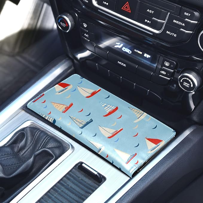 Boats Print Car Registration and Insurance Holder Leather Vehicle Document Glove Box Organizer for License Cards Accessories