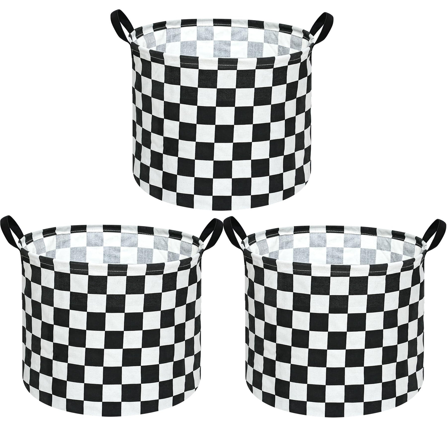 3 Pack Checkered Storage Baskets with Leather Handles, Foldable Fabric Toy Storage Bins with Waterproof Lining, Large Round Laundry Hamper for Kids Room, Nursery, Bedroom, Playroom Organization