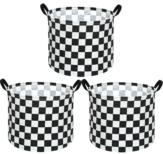 3 Pack Checkered Storage Baskets with Leather Handles, Foldable Fabric Toy Storage Bins with Waterproof Lining, Large Round Laundry Hamper for Kids Room, Nursery, Bedroom, Playroom Organization
