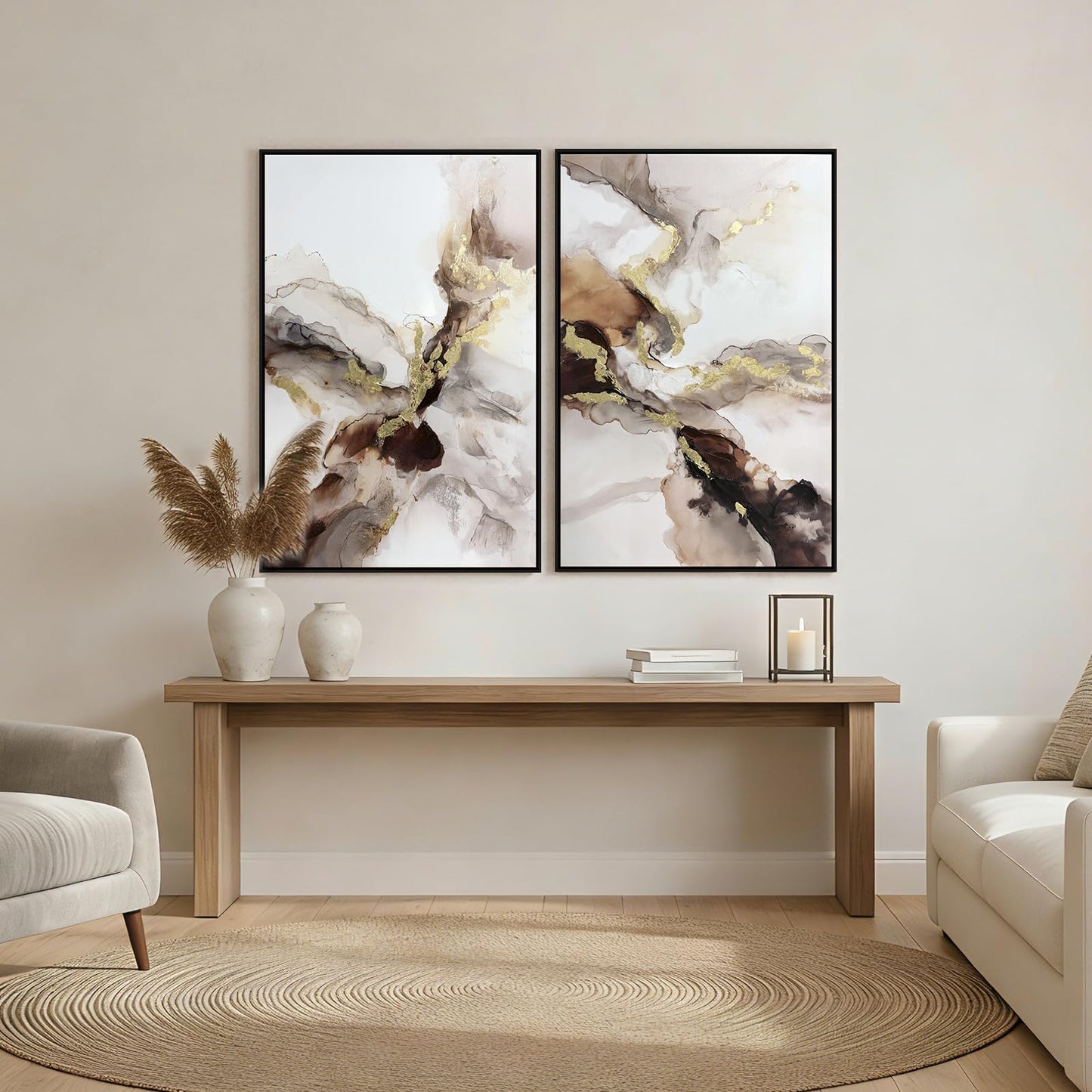 SAFERRYHOME Neutral Abstract Wall Art, Gold and Brown Marble Framed Canvas Wall Decor, Modern Fluid Texture Painting Artwork, Contemporary Minimalist Picture for Home Office Living Room, 24"x36"x2