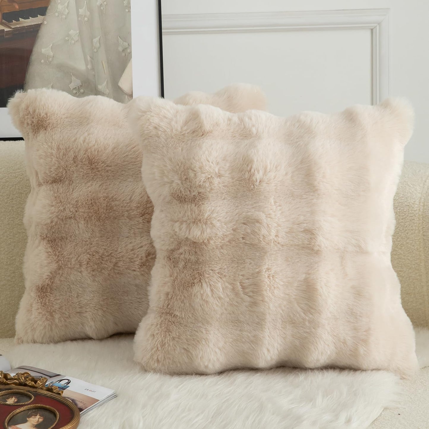 MANDIOO Pack of 2 Thick Plush Wool Decorative Throw Pillow Covers Super Soft Wave Bubble Fur Velvet Cushion Covers Pillow Shams for Couch Bed Living Room 16x16 Inch Beige