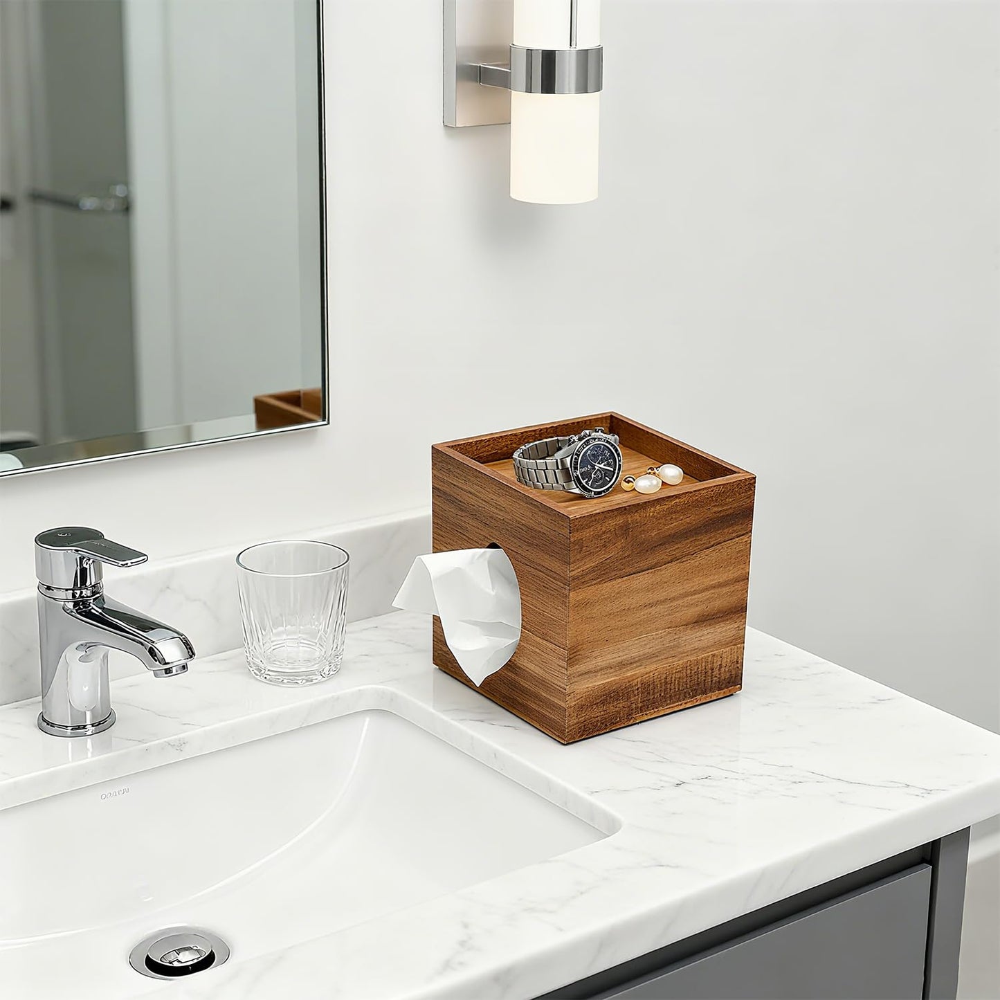 Acacia Wooden Tissue Box Cover, Square Tissue Box Cover with Storage Tray, Decorative Tissues Boxes Covers, Modern Farmhouse Decor Tissues Holder for Bathroom, Bedroom, Dinner Table,Office,Kitchen
