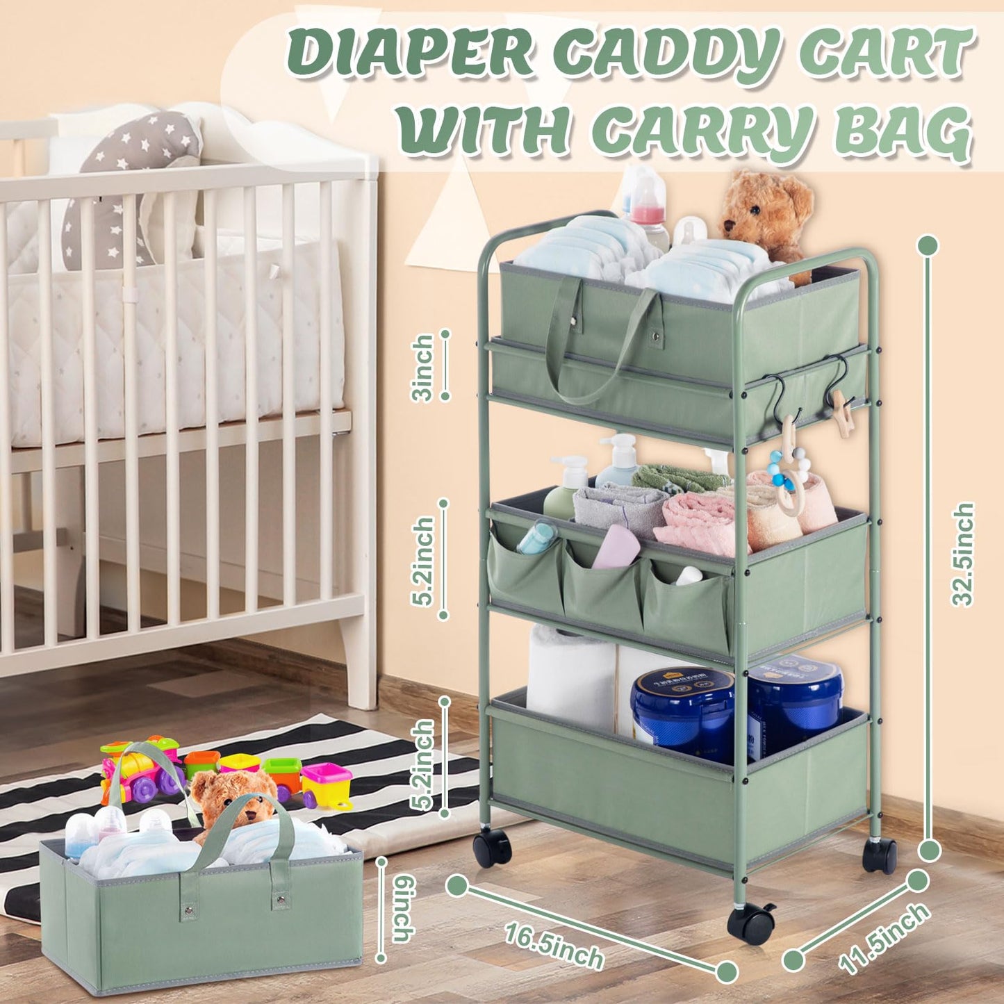 Honeydak 2in1 Baby Diaper Caddy Organizer Cart 3 Tier Large Capacity Metal Utility Bedside Rolling Cart with Divider Newborn Registry Nursery Essential Must Have Crib Bedroom Baby Shower(Green)
