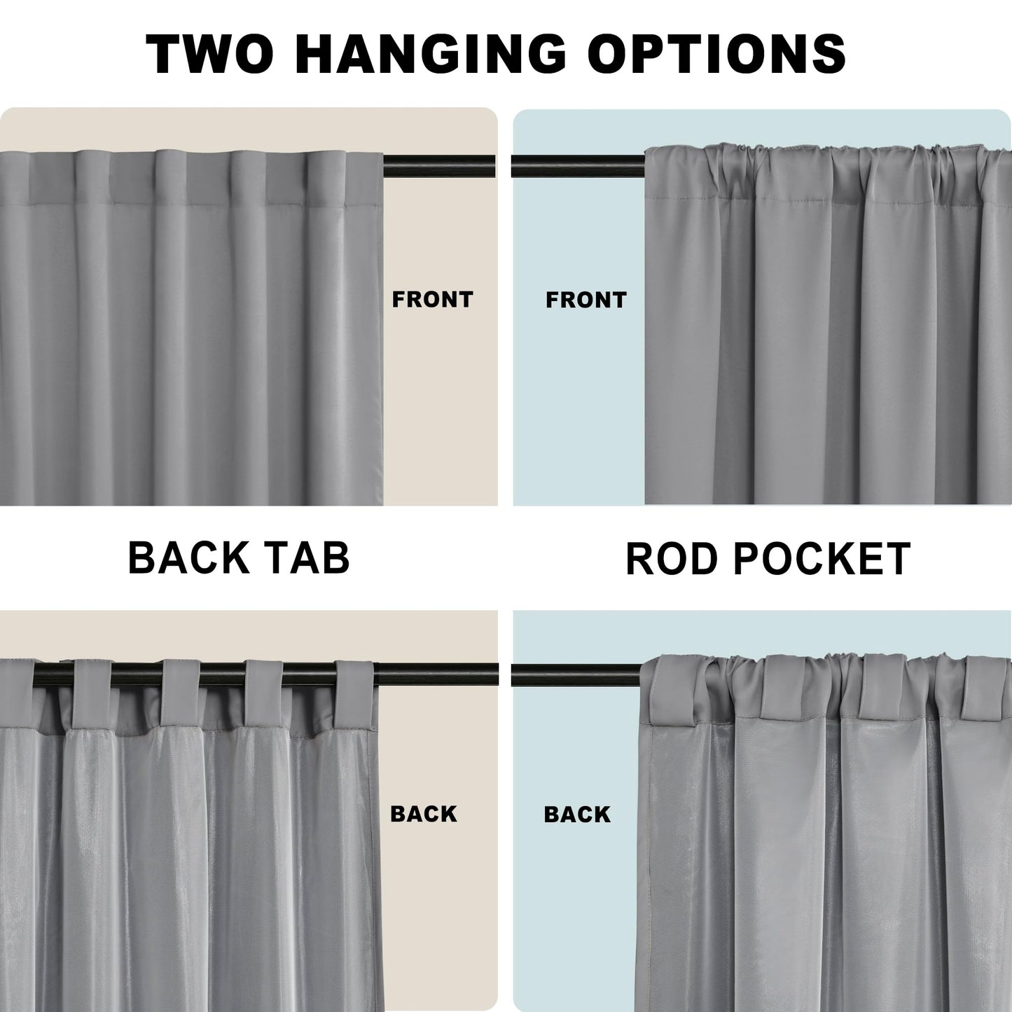 XWZO 100% Blackout Curtains with Tiebacks- Heat and Light Blocking Rod Pocket & Back Tab Window Drapes with Black Liner Backing for Bedroom/Kid's Room, Light Grey, W52 x L108, Set of 2 Panels