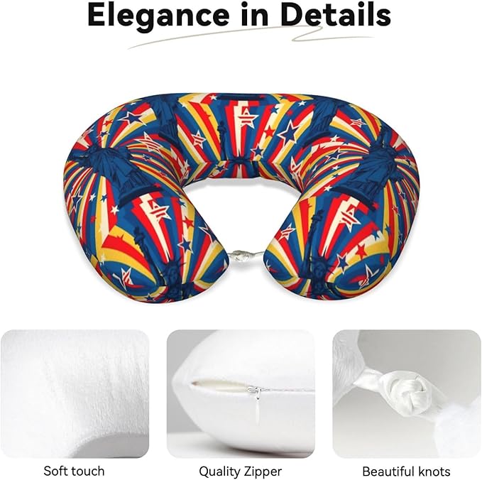 Neck Travel Pillow, Breathable Memory Foam Chin & Head Support Cushion Statue of Liberty USA Patriotic American Flag Stars and Stripes for Airplane Car Sleeping Rest