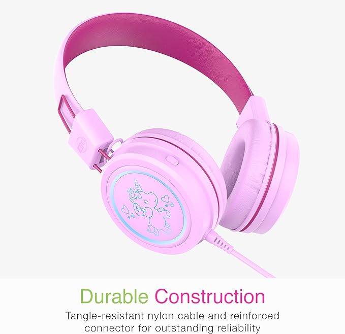 MEE audio KidJamz KJ55 Safe Listening USB-C Headphones for Children with Multicolor LED Lights, Volume Limiter, & Microphone; On-Ear Wired Kids Headset for iPhone 16, iPad, & USB Type C Devices (Pink)