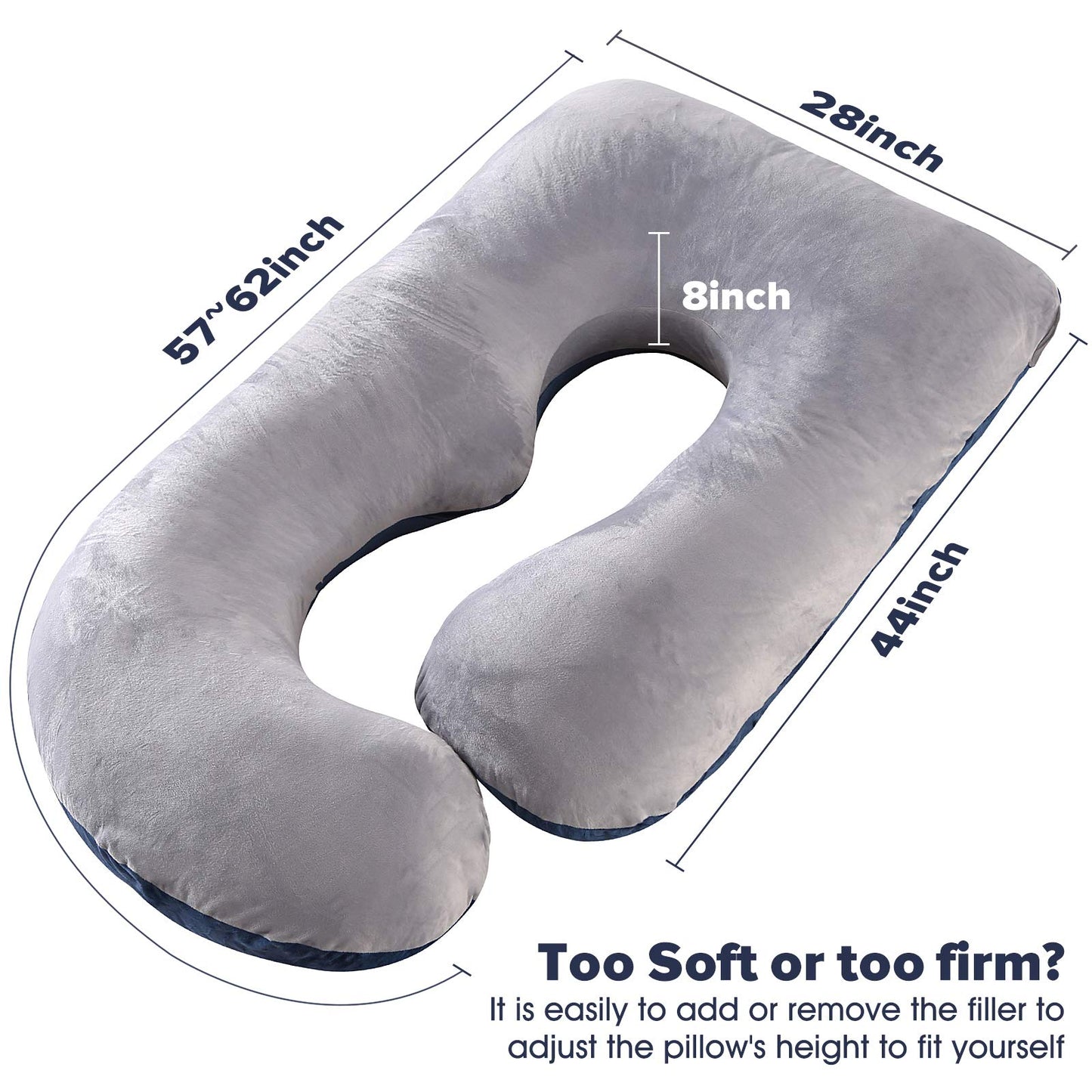 U-Shaped Full Body Pregnancy Pillow for Sleeping – 57" Maternity Pillow with Removable Cover, Support for Back, Legs, Belly & Hips (Velvet-Blue and Grey)