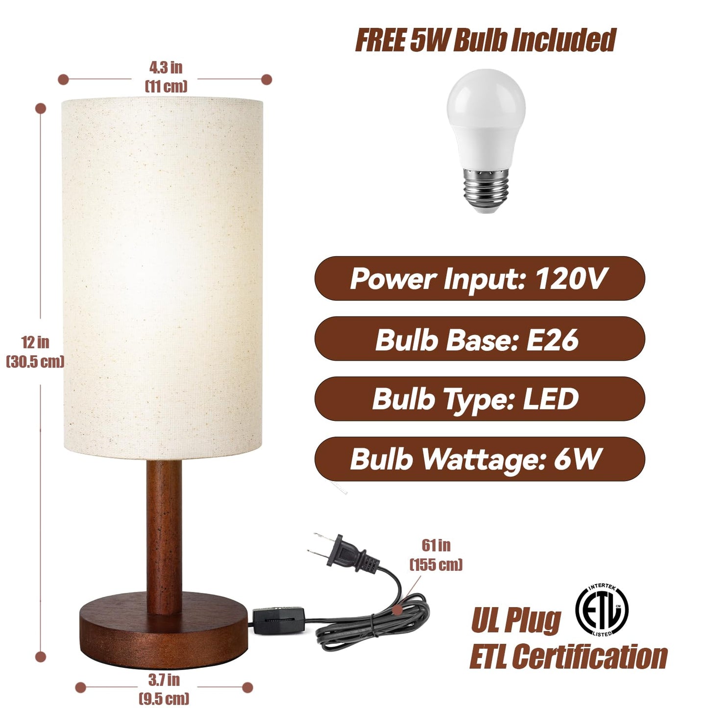 Small Table Lamp for Bedroom, Nightstand Lamp Linen Lampshade Bedroom Wood Base Small Bedside Lamp for Night Stands, Desk Lamps for Reading Living Room, Office (LED Bulb Included) (Black-Walnut Wood)