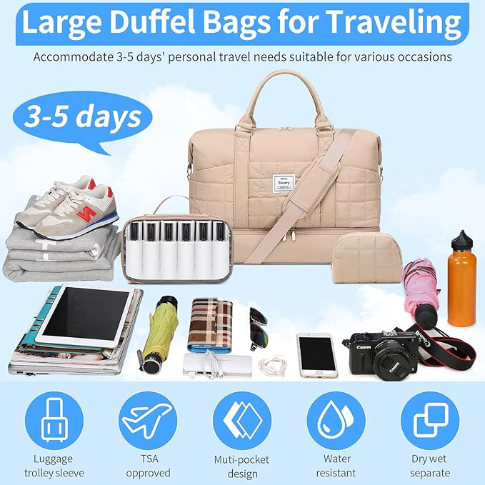 Weekender Bag, Large Travel Duffel Bag for Women, Carry on Overnight Bag with Shoe Compartment and Toiletry Bags