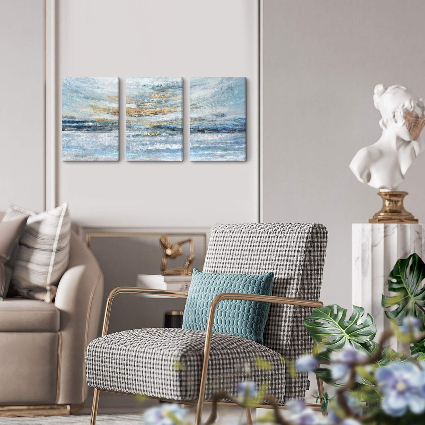 Abstract Canvas Wall Art for Bedroom 3 Piece Ocean Painting Coastal Theme Artwork Blue and Yellow Sunset & Sunrise on the Beach Seascape Picture for Bathroom Living Room Light 12x16inchx3 panel