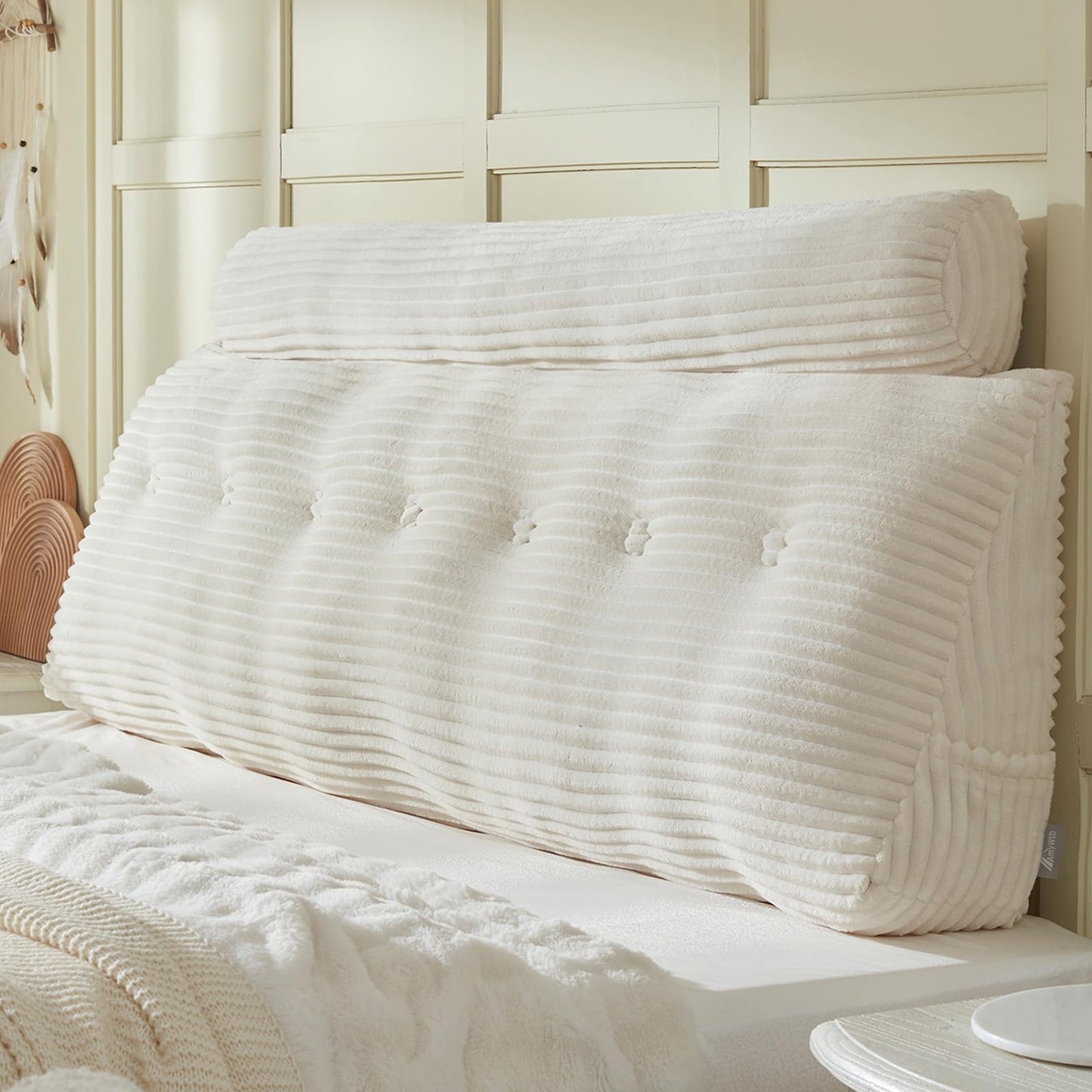 AmyWtb Headboard Wedge Pillow + A Long Neck Roll Pillow Body Pillow，Large Headboard Pillow with Removable Cover (Beige, King：76x8x20 inches)