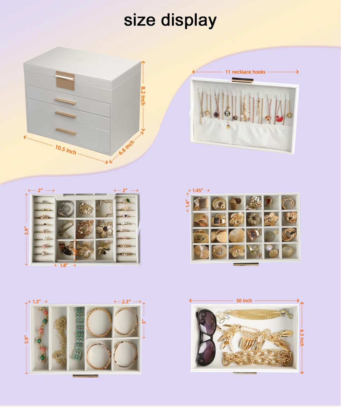 BOOVO Jewelry Boxes for Women, 5 Layer Jewelry Organizer with Necklace Hanger and Drawers, Large Jewelry Box for Earrings, Necklace and Bracelet Storage Gifts for Women and Girls (White, 5 Layer)
