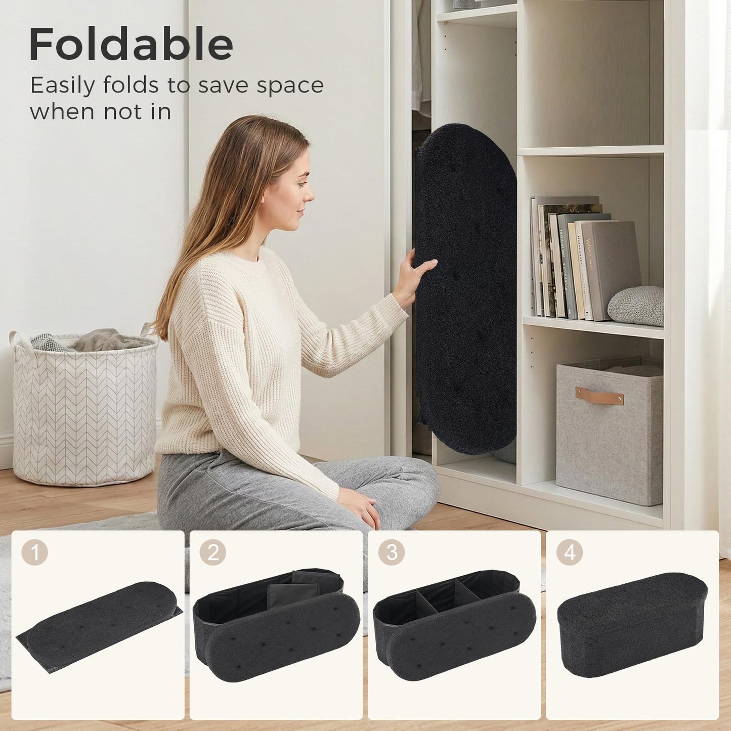 DUMOS Ottoman Bench End of Bed, 43 Inch Ottoman with Storage, Foot Rest Bench Stool with Cushion, Oval Round Folding Storage Chest for Bedroom, Living Room, Entryway, Dorm, Teddy Fabric, Black