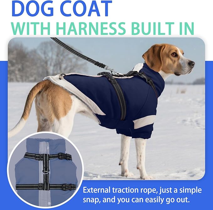 MIGOHI Thermal Large Dog Coat with Harness Waterproof Jacket for Large Dogs,Thick Dog Winter Coat,Snow Jacket for Dogs Windproof for Hunting Camping Chilly Days,Doberman,Great Dane,XXXL,NavyBlue
