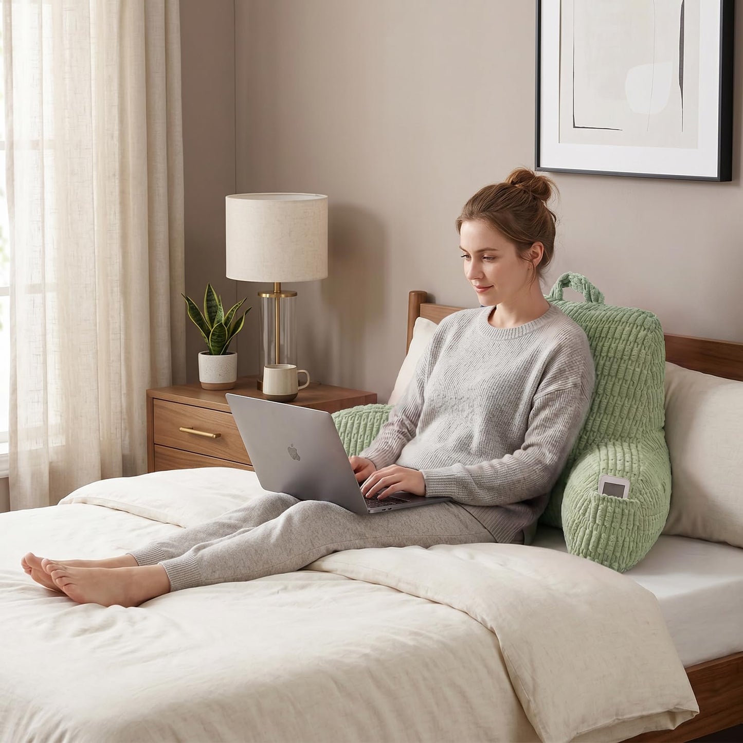 PAJEO Reading Pillow for Sitting in Bed with Arm Rests,100% 7D Fiber Filling Sitting Pillow for Back Support,Oeko-TEX Certified Backrest Pillow for Couch & Floor(17",Green Corduroy)