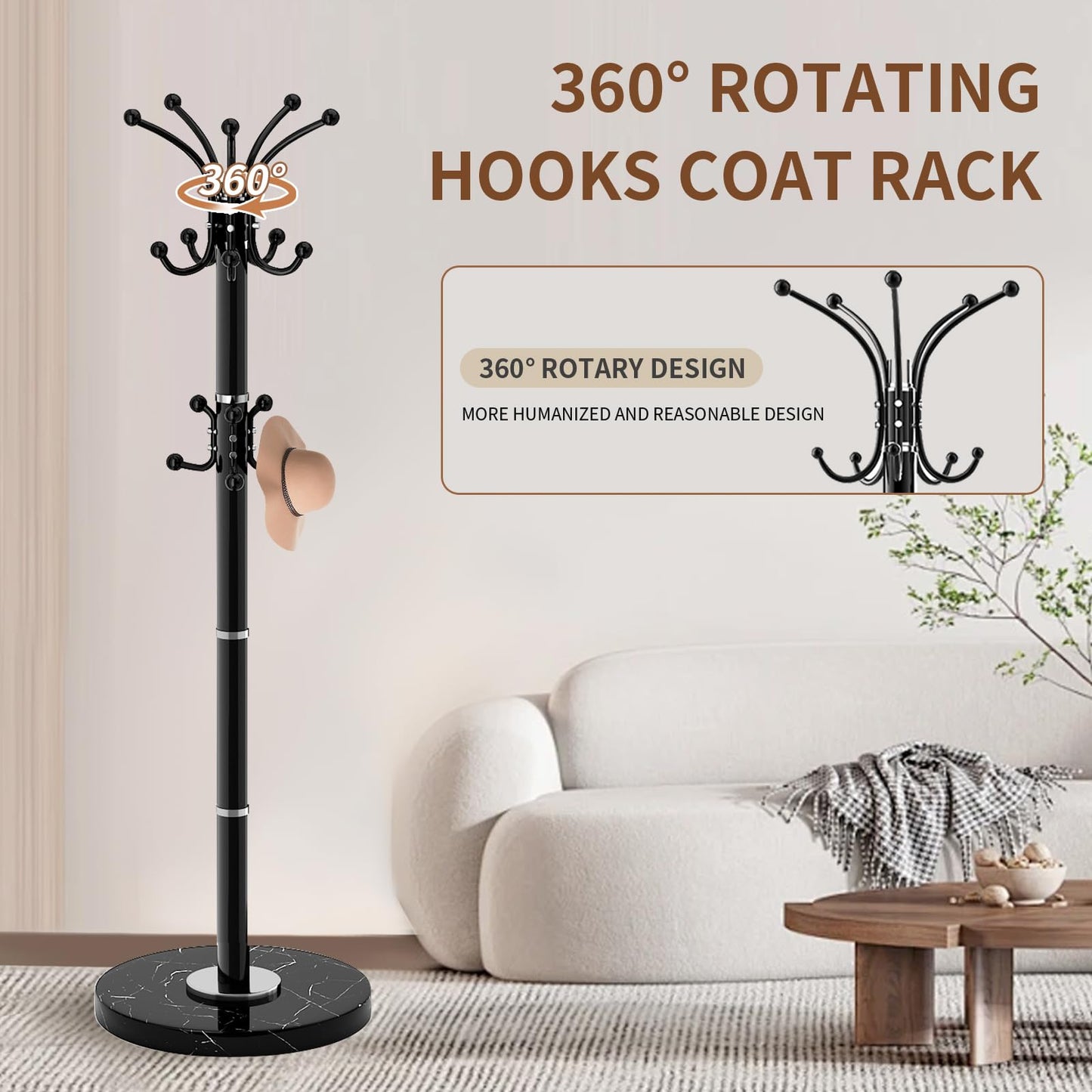 Waavryee Modern Metal Coat Rack Stand, Coat Rack Freestanding with Natural Marble Base, 360°Rotary Design Sturdy Coat Racks with 16 Hooks, White Coat Hall Tree Stand for Entryway (Black)