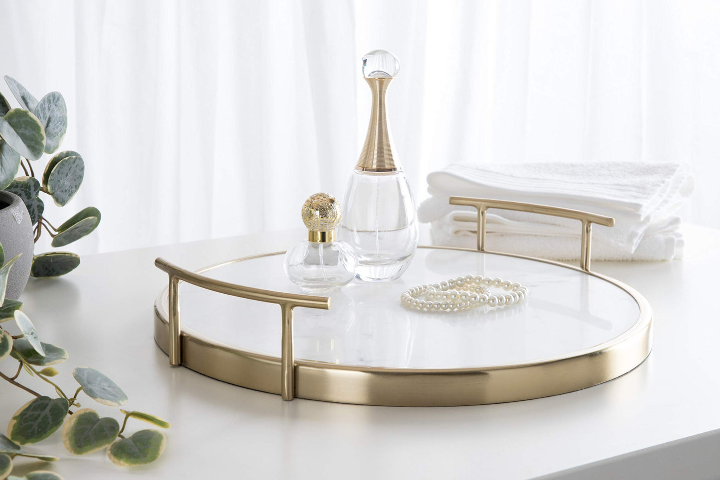 Kate and Laurel Marbury Modern Round Tray, 14 inch Diameter, White Marble and Gold, Contemporary Marble Tray for Storage and Display