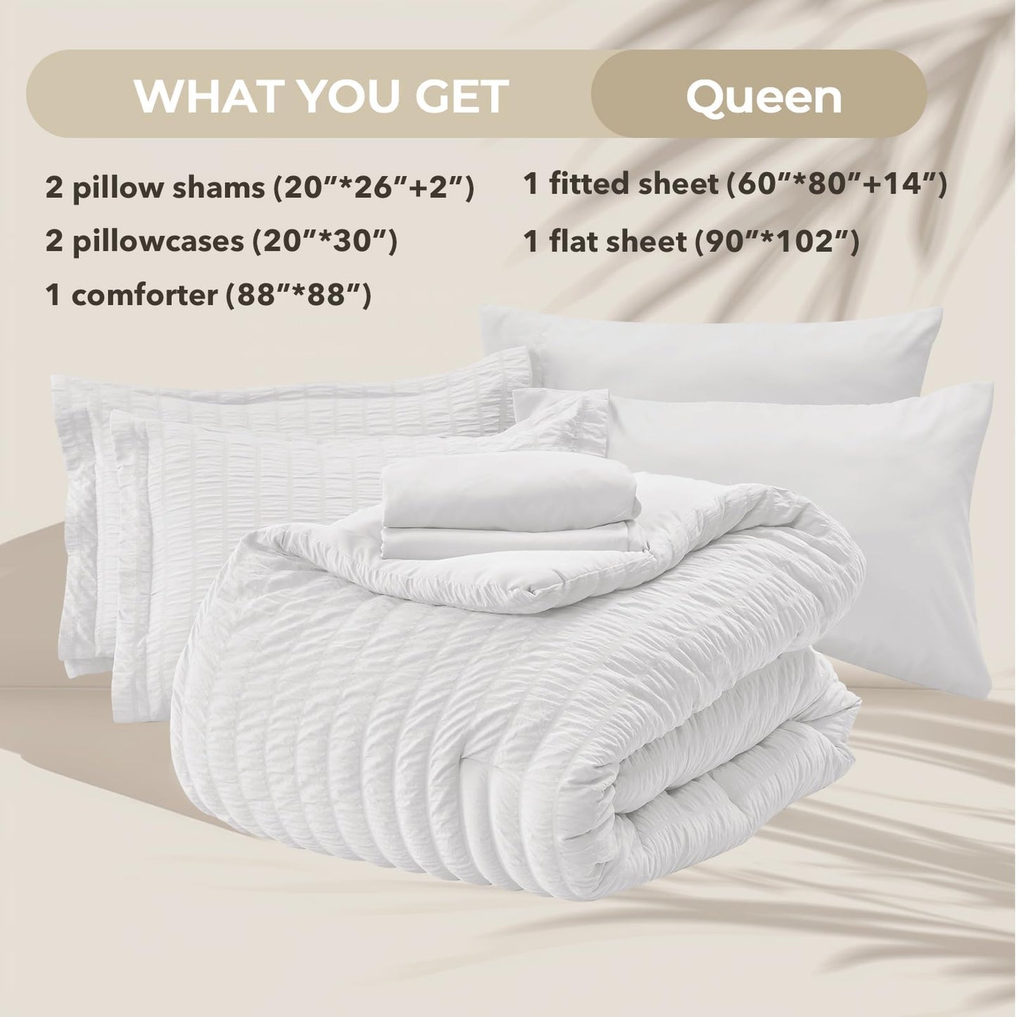 HYMOKEGE White Queen Comforter Set Seersucker 7 Pieces, All Season Luxury Bed in a Bag for Bedroom, Bedding Set with Comforters, Sheets, Pillowcases & Shams