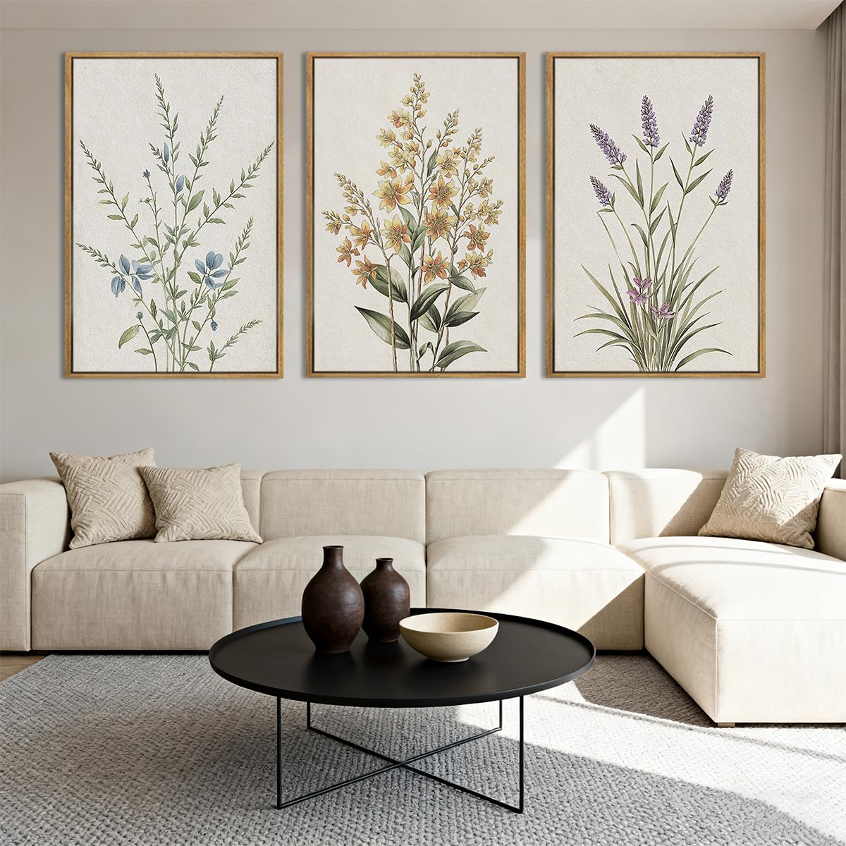 Anyzal Botanical Floral Framed Wall Art Large 16x24 Inch Modern Neutral Wildflower Canvas Art Prints Beige Cream Flower Wall Decor for Living Room Bedroom Dining Room Set of 3