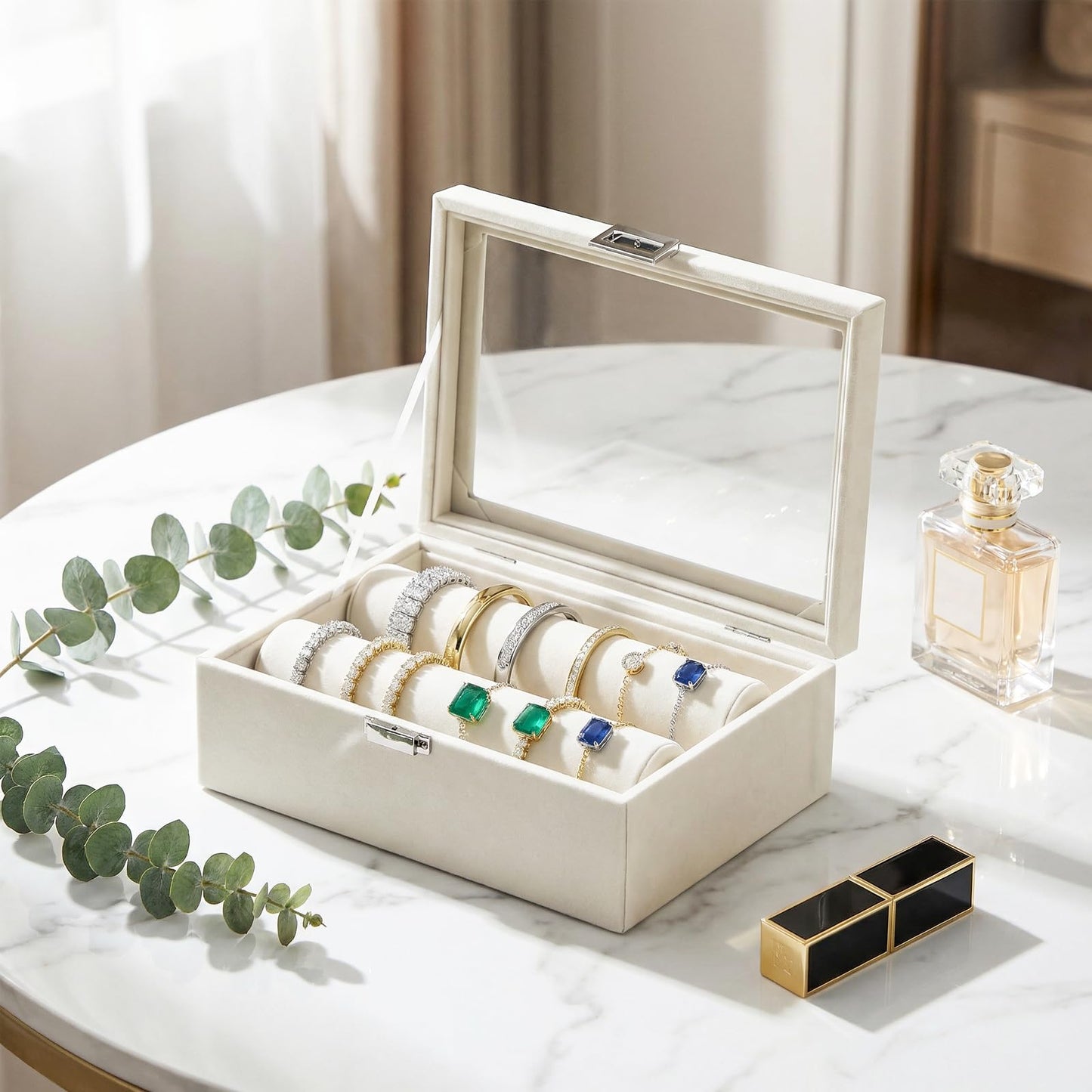 Gghenda Bracelet Display Holder with Clear Lid, Jewelry Storage Organizer Box Case with Rods for Bangles, Watches, Women (Beige)