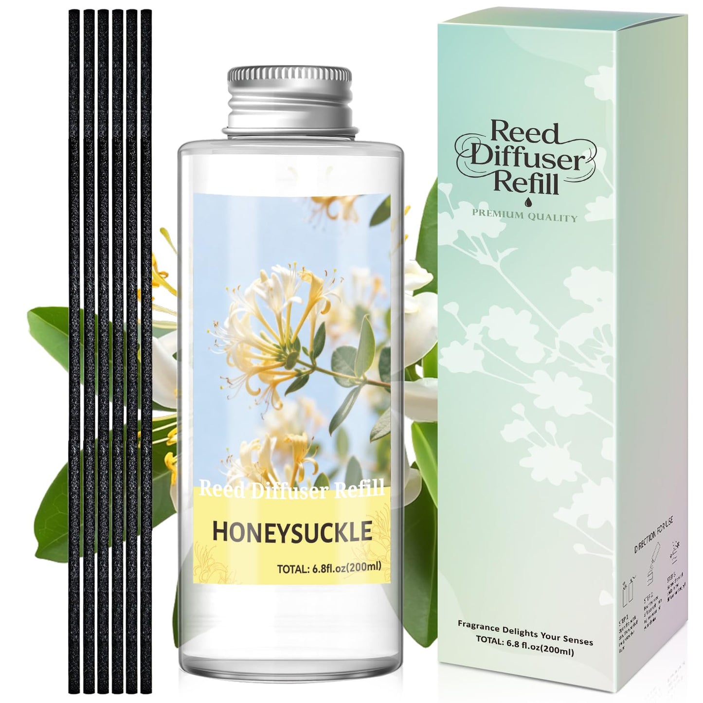 STRN Reed Diffuser Oil Refill, Honeysuckle Scented Diffuser Oil Refills with 6 Reed Sticks 200ML(6.8fl.oz), Room Fresheners for Home, Long-Lasting Summer Fragrance for Living Room, Bedroom, Office