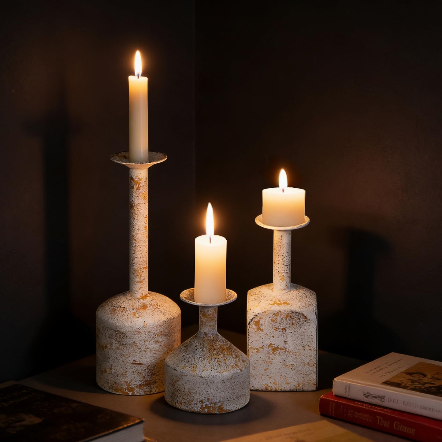 Twakutwaku Farmhouse Metal Candlestick Holders in Shabby White Finish, Tall Taper Candle Holder, Set of 3, Industrial Farmhouse Style, Decor for Table Centerpiece