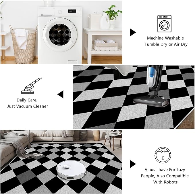 Black and White Rug 2x3, Rhombus Geometric Soft Ultra Soft Faux Wool Low Pile Rug, Indoor Floor Mats Carpet, Non-Slip Stain Resistant Washable Rugs, Modern Abstract Checkered Rugs for Living Room