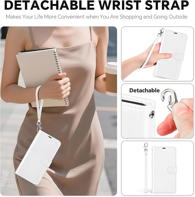 TUCCH 2-in-1 Detachable Wallet Case for iPhone 17 Pro (6.3-inch) 2025, Wireless Charging | RFID Blocking 4 Card Holder | Wrist Strap | Kickstand | Magnetic | PU Leather | Protective Flip Cover | White