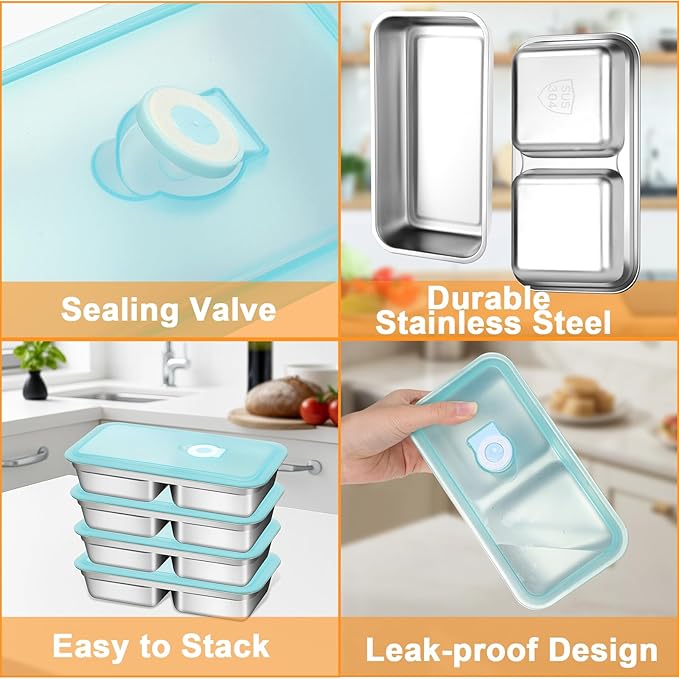 vovoyager Stainless Steel Snack Containers with Lids, Reusable Bento Lunch Container Box, Food Storage, Leak Proof, Dishwasher-Safe, Grab and Go for Work, 2 Single + 2 Double Compartment