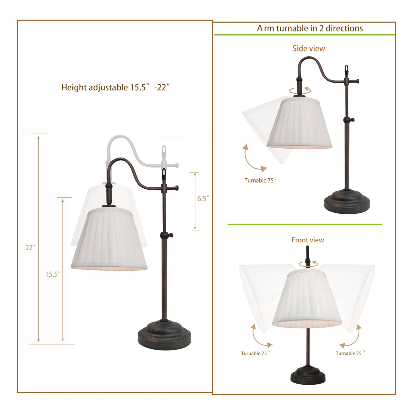 TIMEX objects Farmhouse Desk Lamps, Reading Bedside Table Lamp for Living Room, Vintage Industrial Swing Arm Pleated Light for Bedroom, E26