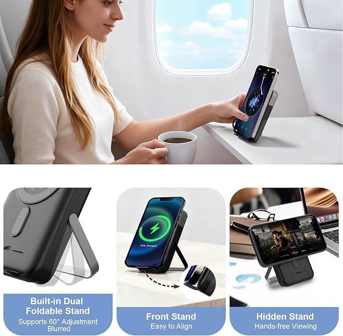 Magnetic Power Bank 10,000mAh Wireless Portable Charger, 22.5W Battery Pack with LED Display Adjustable Dual-Foldable Stand Magsafe-Compatible for iPhone 16/15 Series Samsung AirPods