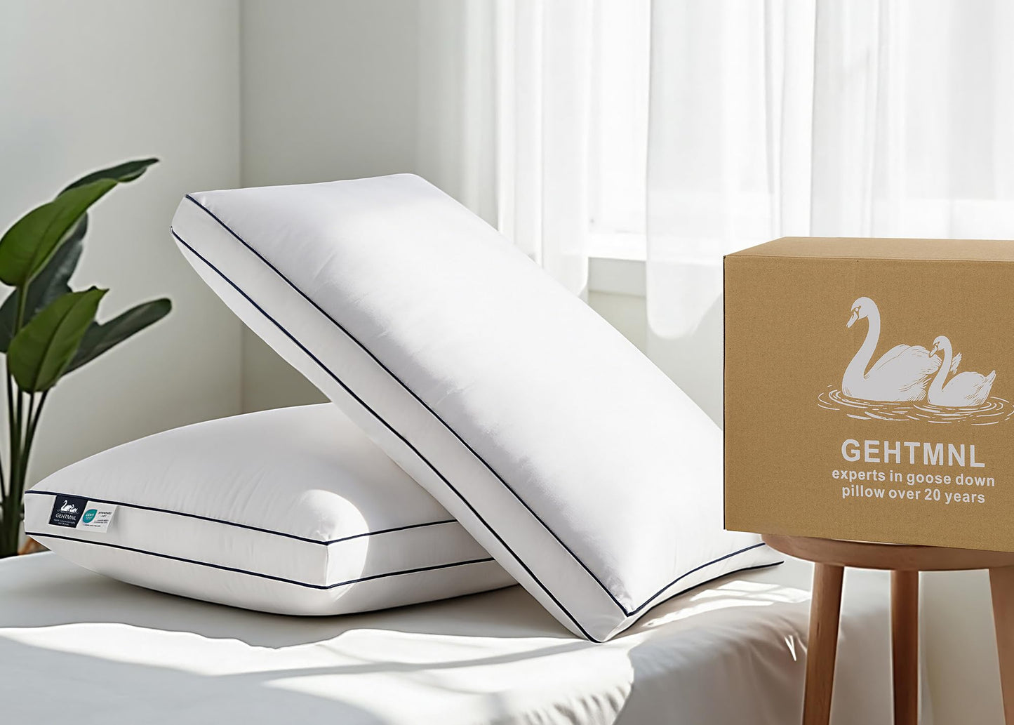 Gehtmnl Goose Down Pillows Queen Size Set of 2, Luxury Hotel Collection, 3-Chamber Gusseted Design, 100% Cotton Cover, Fluffy Yet Supportive for Side & Back Sleepers, Neck & Shoulder Support
