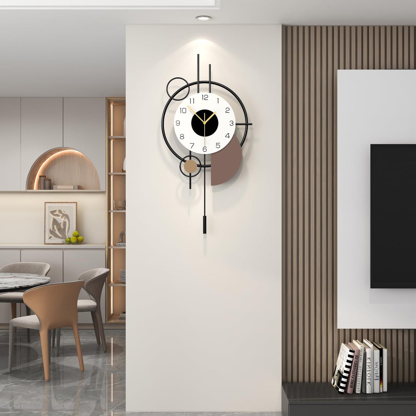 JUJUDA Large Modern Wall Clock for Living Room Decor Big Decorative Silent Wall Clock with Pendulum 14 Inch Black Metal Qulity Quartz Clock Battery Operated Non Ticking for Kitchen Office Bedroom