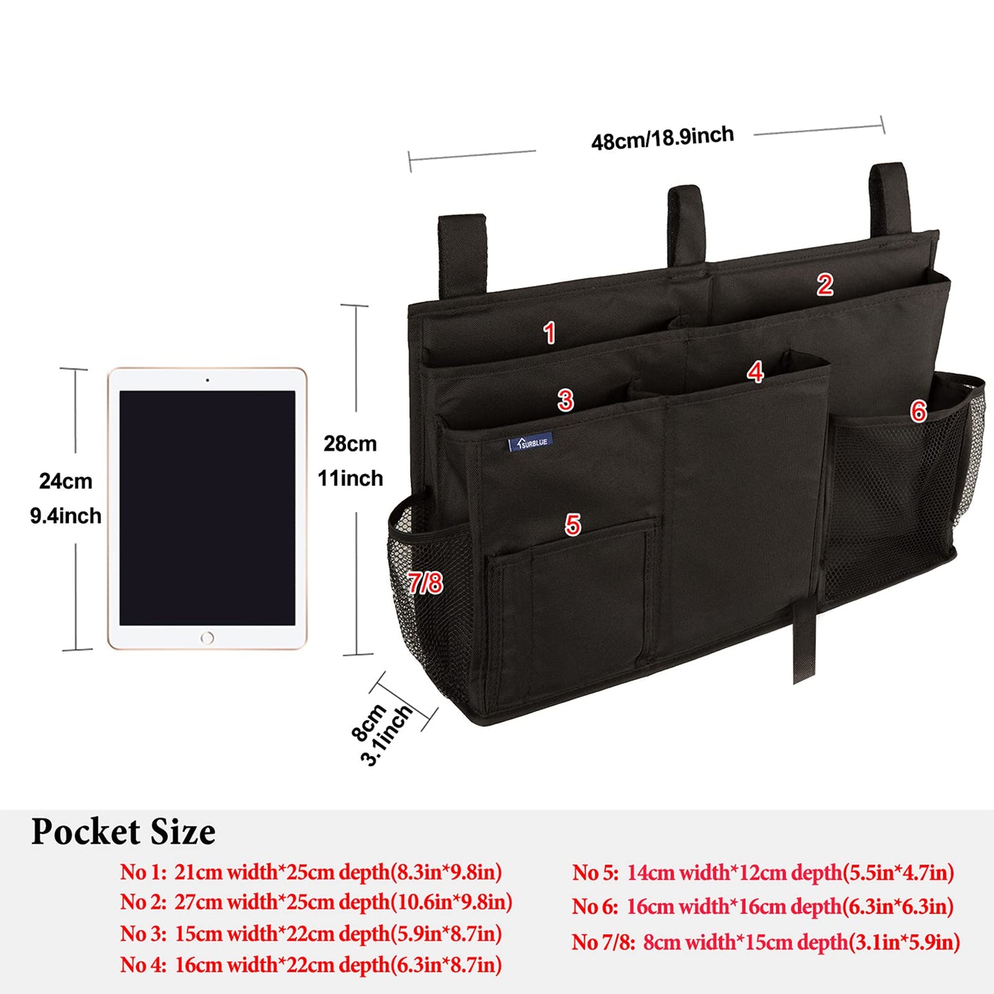 Surblue Caddy Hanging Organizer Bedside Storage Bag for Bunk and Hospital Beds, Black, L