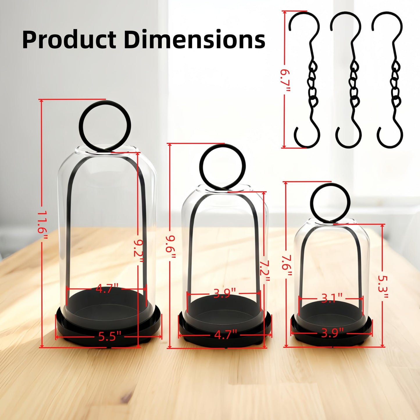 3 Pack Metal Candle Holders with Glass Dome, 5.5" & 4.7" & 3.9" Wide Black Candlestick Holders Set, Versatile Hurricane Lanterns Candleholders for Pillar Candle, Decorative Glass Display Dome Stands