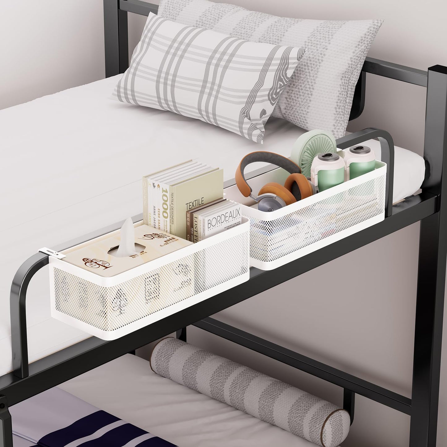 WOCUBEHOME Bedside Caddy Shelf for Bunk Bed & Dorm, Adjustable Bunk Bed Caddy Holder for Top Bunk, Rails, Cribs, Bedside Shelf Organizer for Phone/Books/Drinks (White, L(L11in*W4.9in*H3.93in))