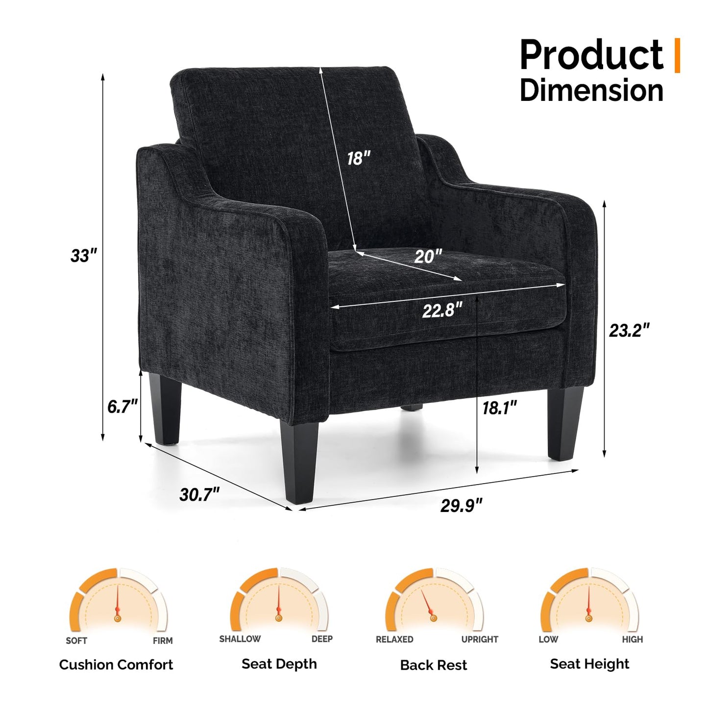 VINGLI Mid Century Modern Accent Chairs, Black Soft Chenille Reading Chair Upholstered Armchair Side Chairs Sofa Couches for Living Room, Bedroom, Apartment