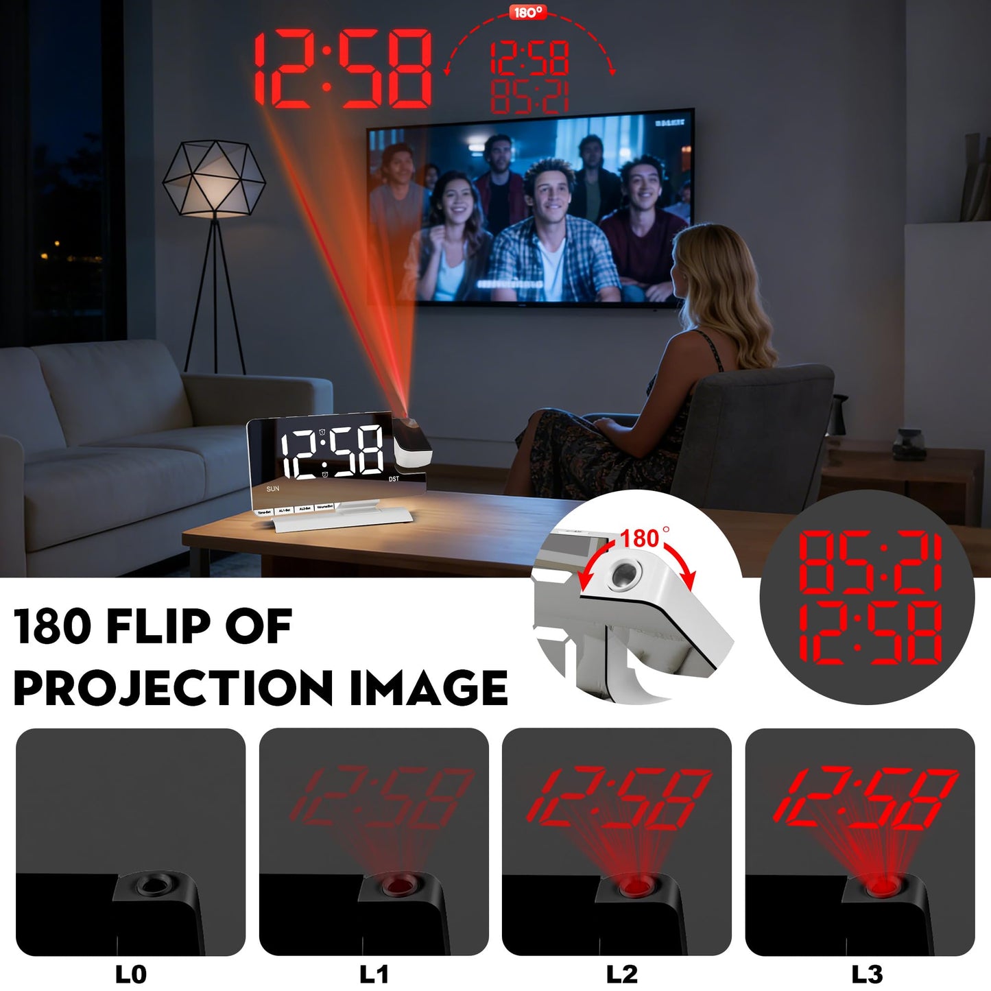 Amgico Projection Alarm Clock,Digital Clock with Projection,7.3" Mirror Clock with 180°Rotating Projector,Dual Alarm with 3 Mode,Bright Adjust,DST,Snooze,Charging Port,5 Levels Volume for Desk Teens