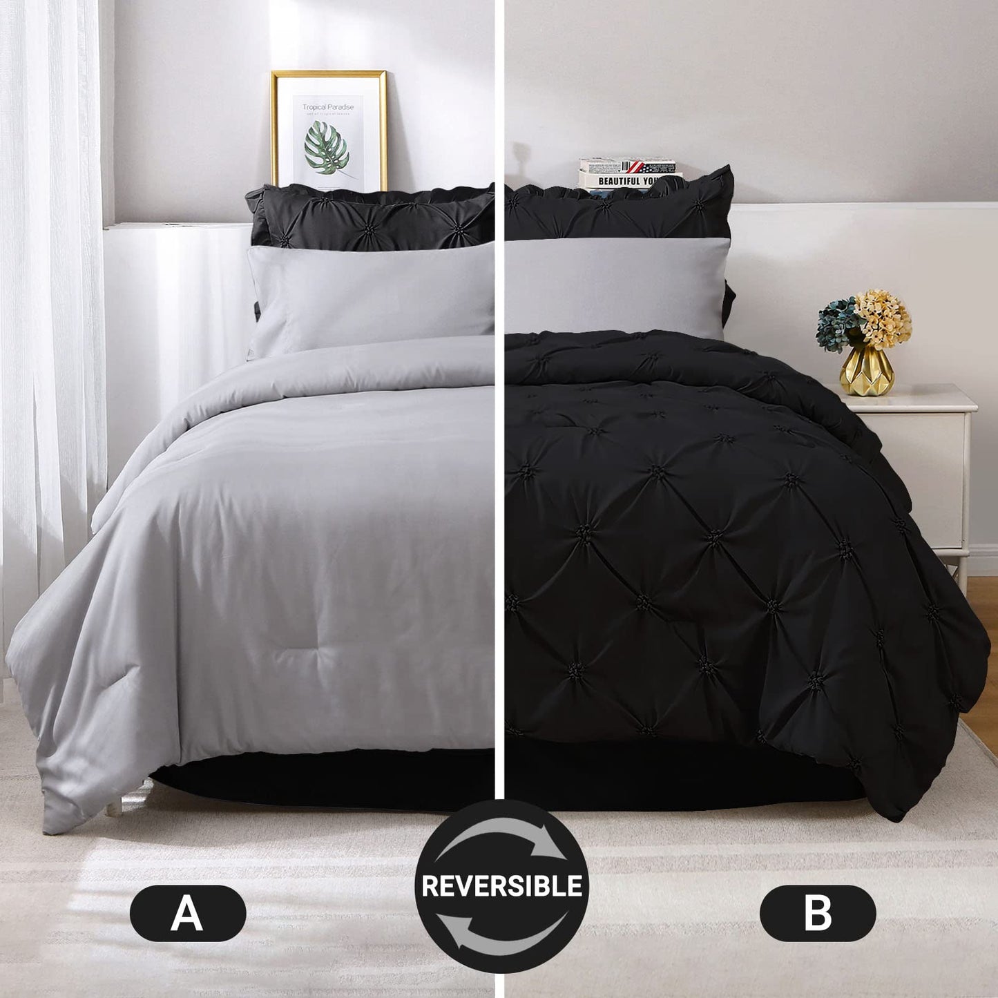 JOLLYVOGUE Queen Comforter Set 7 Pieces, Black/Gray Bedding Comforter Sets with Comforter, Sheets,Ruffled Shams & Pillowcases