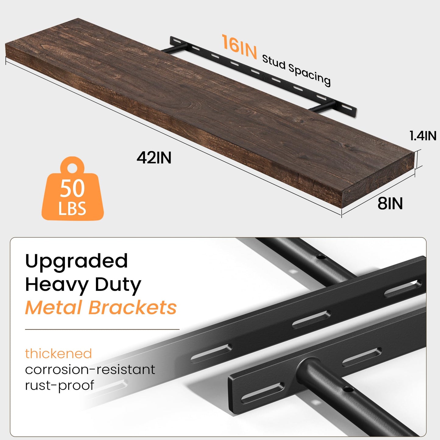 Fun Memories 42" Floating Shelves for Wall, Rustic Solid Elm Wood Floating Shelves - Invisible Bracket Mount, Extra Long Wall Mounted Shelf for Living Room, Bathroom, Bedroom, Kitchen, Walnut