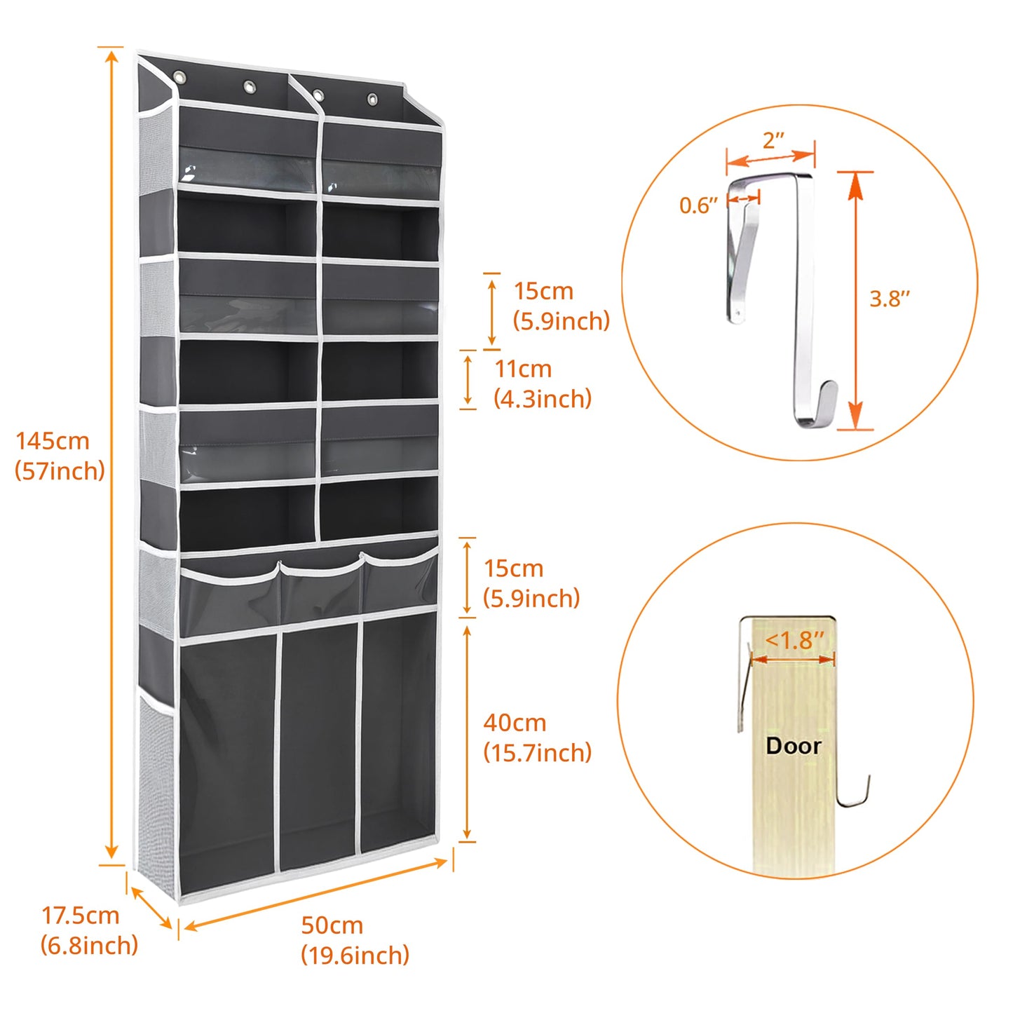 EZVERY Extra Large Over The Door Organizer with Clear Pockets - 8 Compartments & XL Bottom Storage, Heavy-Duty Hanging Organizer for Bathroom, Bedroom, Closet (57 Inch Height).