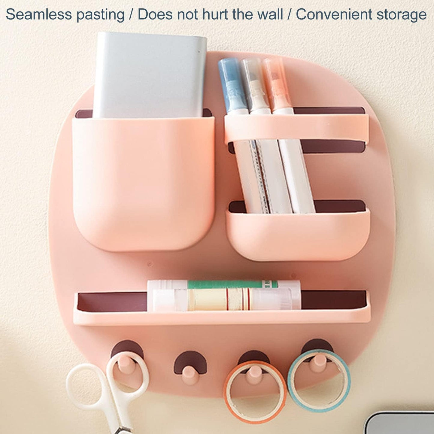 Kukyller Wall Mount Storage Box, Floating Bedside Shelf Wall Mount Adhesive Bedside Shelf Accessories Organizer with Hooks for Phone Remote (Pink)