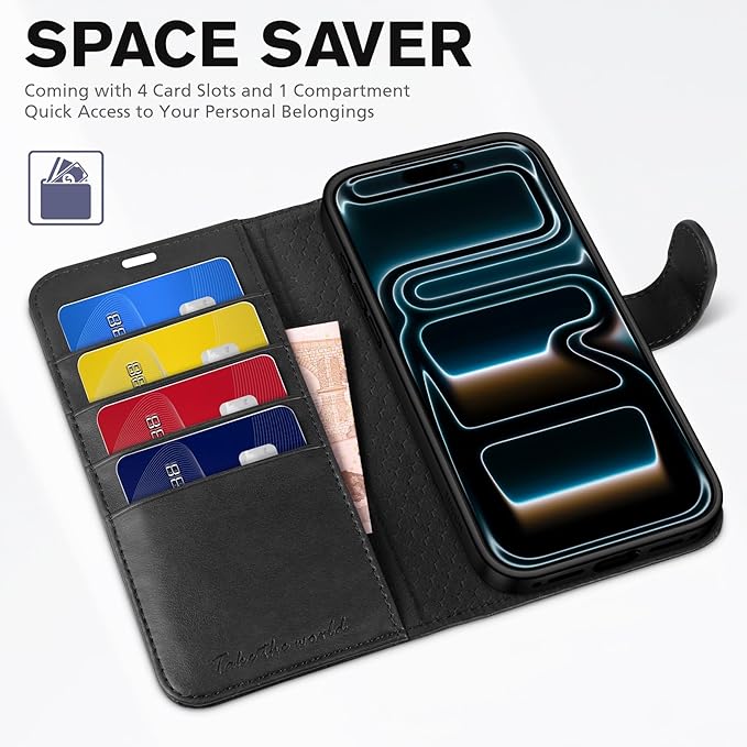 TUCCH Wallet Case for iPhone 17 Pro (6.3") 2025, RFID Blocking 4 Card Holders | Kickstand | Shockproof TPU Shell | PU Leather | Magnetic Closure | Protective Flip Folio Cover | Black