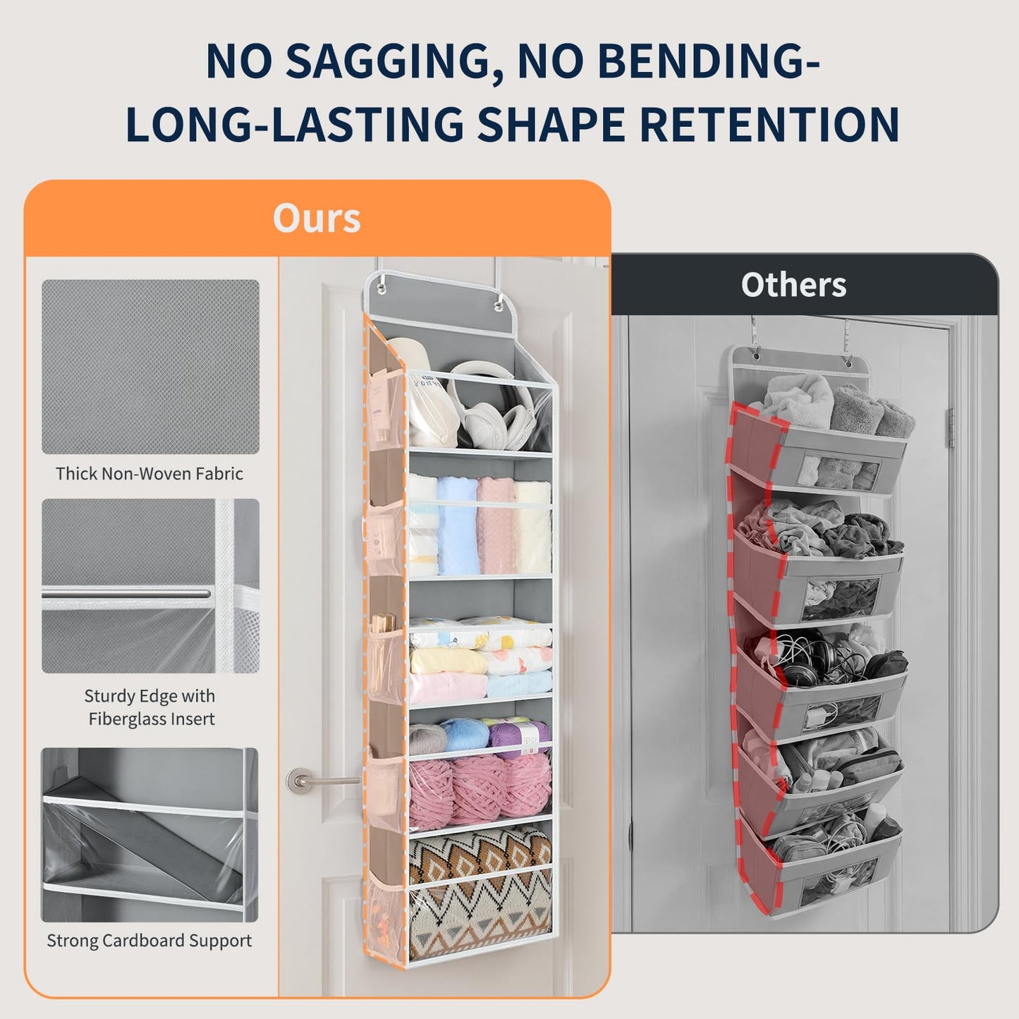 Yecaye 5-Tier Over the Door Organizer Hanging, Toy Stuffed Animal Storage, Behind the Door Storage with 5 Clear View Windows & 10 Side Pockets, Over the Door Storage for Bathroom Closet Nursery, Grey