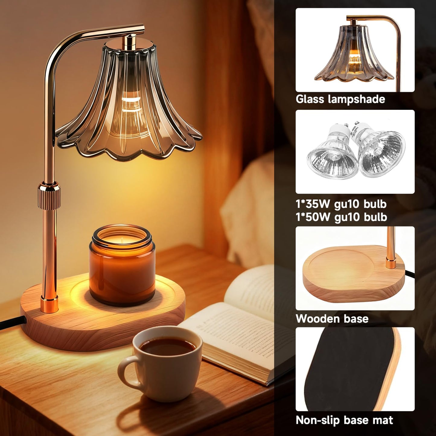 Candle Warmer Lamp with Timer and Dimmer - Adjustable Height Wax Melter for Scented Jar Candles, Vintage Glass Shade with Wood Base, Birthday Gifts for Women Mom, Housewarming Gifts, 2 Bulbs Included